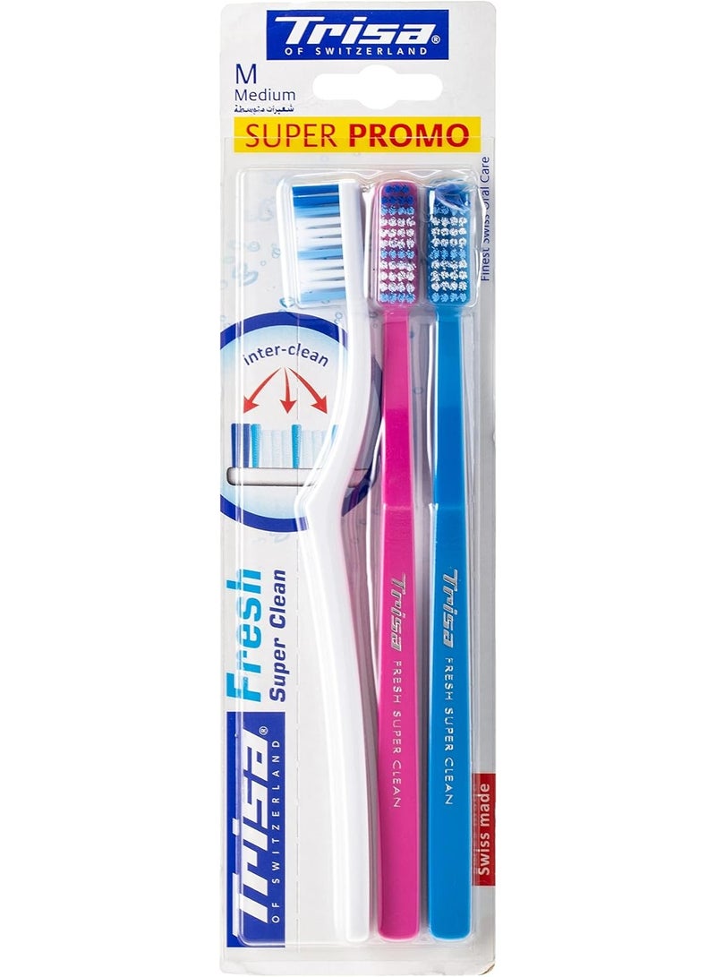 Trisa Fresh Super Clean Medium Adult Toothbrush With Travel Cap, Swiss Made, Finest Swiss Oral Care, Perfectly Rounded Filament Ends, Assortment Pack of 3. - Image 1